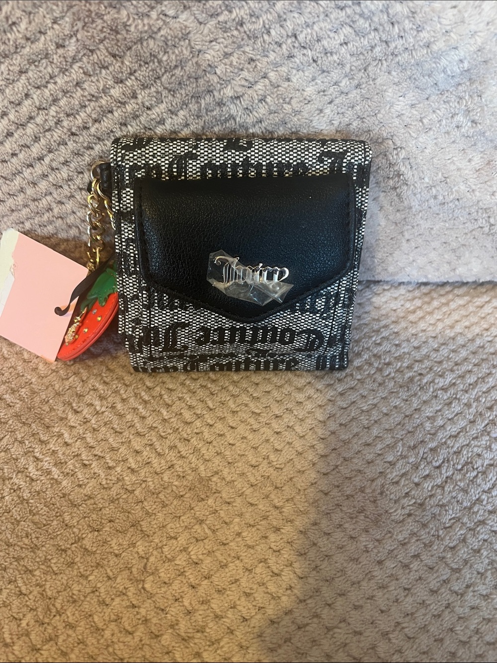 Juicy Couture Black & White Monogram Mini Wallet with Strawberry Charm New